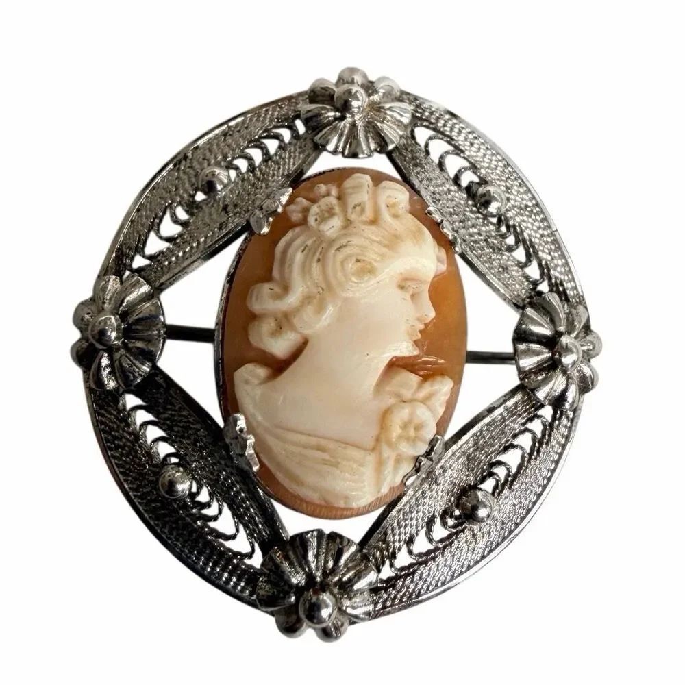 Vintage Sterling Silver Cameo Filigree Brooch